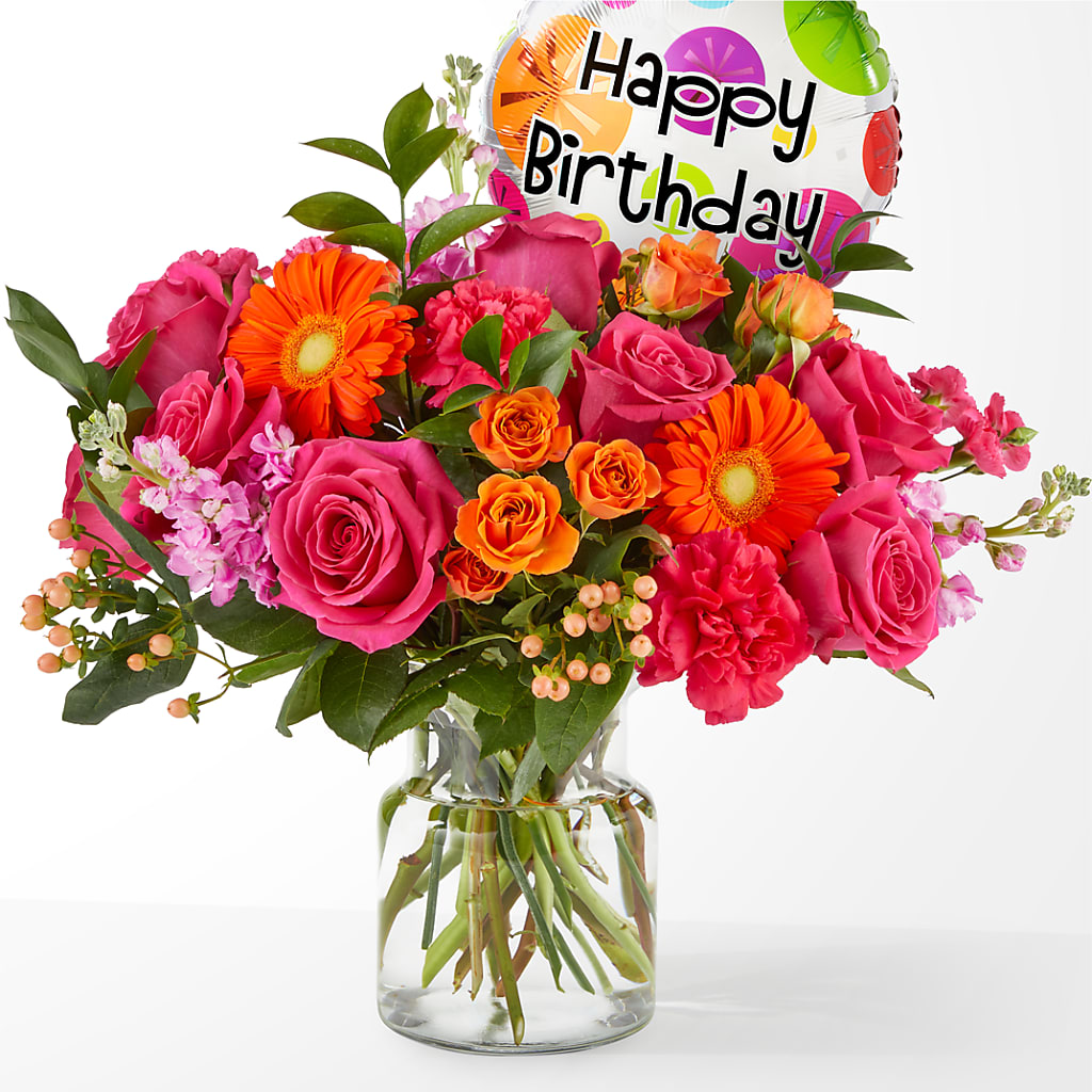 Fiesta Bouquet with Birthday Balloon – Midnight Flowers And Events Llc, Lillington NC
