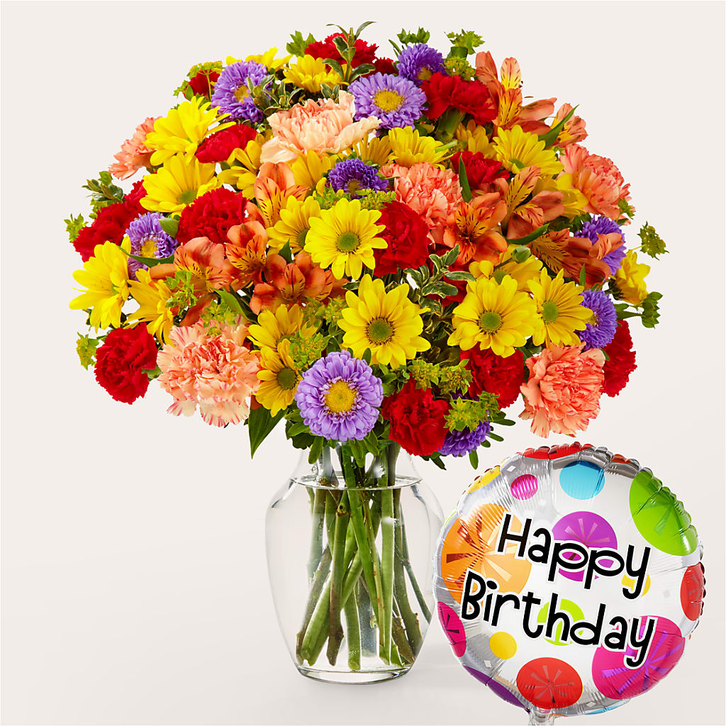 Kaleidoscope Bouquet with Birthday Balloon – Midnight Flowers And Events Llc, Lillington NC
