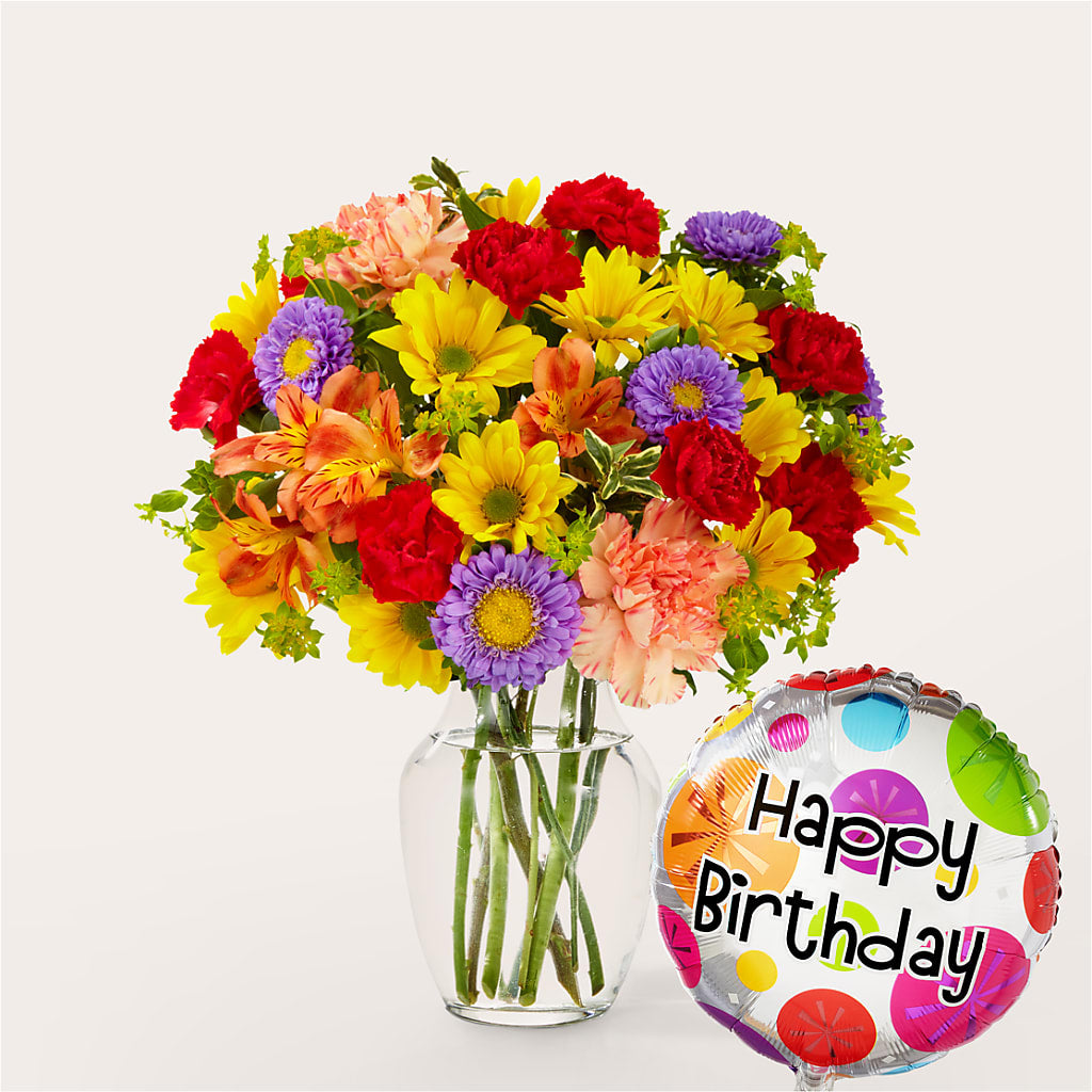 Kaleidoscope Bouquet with Birthday Balloon – Midnight Flowers And Events Llc, Lillington NC