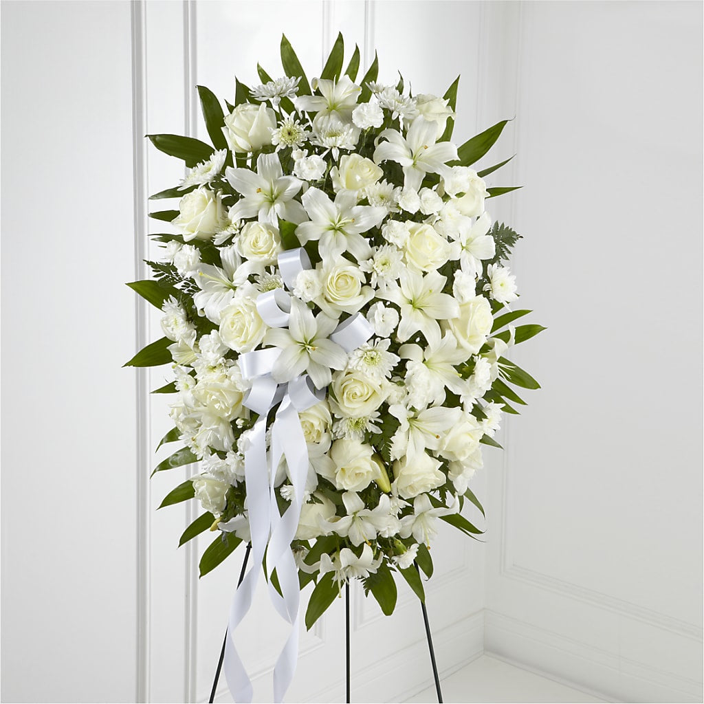 Exquisite Tribute Standing Spray-White Ribbon – Midnight Flowers And Events Llc, Lillington NC