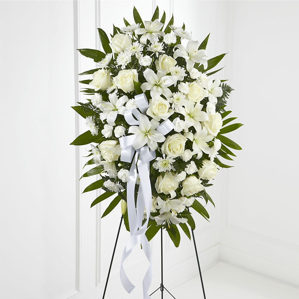 Exquisite Tribute Standing Spray-White Ribbon – Midnight Flowers And Events Llc, Lillington NC