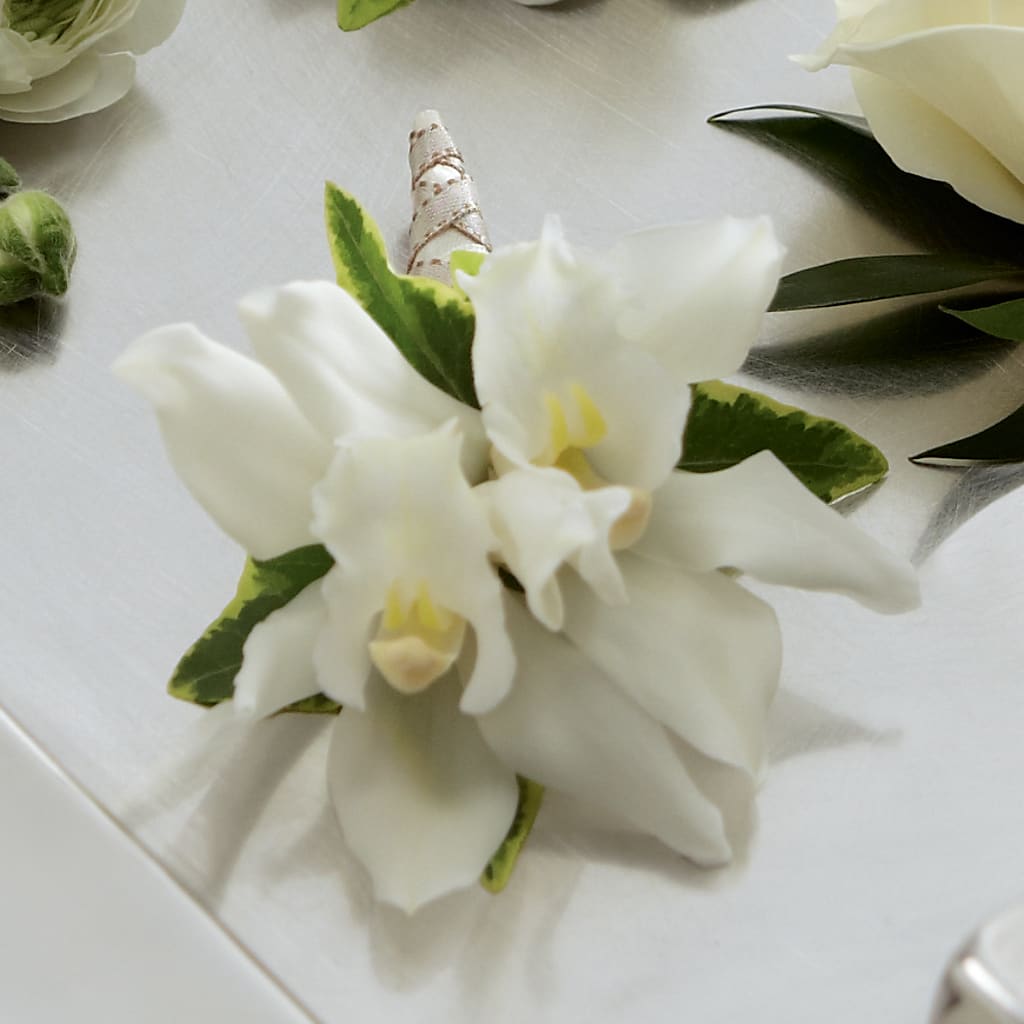 White Mini Cymbidium Boutonniere – Midnight Flowers And Events Llc, Lillington NC